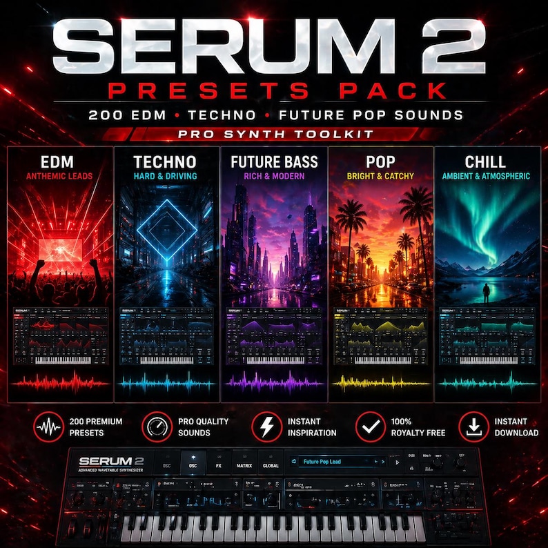 K&ouml;nnte beinhalten: Werbegrafik f&uuml;r Serum 2 Presets Pack, mit einer schwarzen Synthesizer-Tastatur unten. Der Text oben lautet "SERUM 2 PRESETS PACK" mit Unter&uuml;berschriften wie "200 EDM TECHNO FUTURE POP SOUNDS". F&uuml;nf farbenfrohe Panels zeigen verschiedene Soundkategorien.