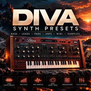 Diva Synth-förinställningar, analoga baspedaler, arpeggiatorljud, MIDI-filer och WAV-samplingar