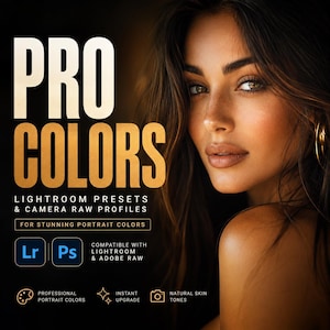 以下が含まれることがあります： 「PRO COLORS」のLightroomプリセットとカメラRAWプロファイルを紹介する画像。美しいポートレートカラーを実現します。茶色の髪と温かみのある肌色の女性が特徴です。LightroomとPhotoshopのロゴ、プロのポートレートカラー、インスタントアップグレード、自然な肌色のトーンのアイコンが含まれています。