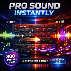 May include: Digital audio workstation interface with the text "PRO SOUND INSTANTLY". The image shows a red and black audio interface with the word "Diva" on it. The image also includes the text "800+ Presets + MIDI" and "Melodic Techno & House".