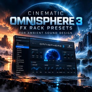 Puede incluir: Una interfaz digital para los preajustes Omnisphere 3 FX Rack para diseño de sonido ambiental, con una ventana de software azul oscuro con controles de modulación, filtro y rack de efectos sobre un fondo de un planeta brillante.
