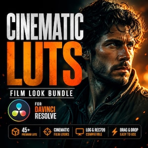 May include: A promotional image for "CINEMATIC LUTS" film look bundle. The image features a man with a serious expression, and text that reads "CINEMATIC LUTS" in large, bold letters. Additional text includes "FILM LOOK BUNDLE", "FOR DAVINCI RESOLVE", and other features.