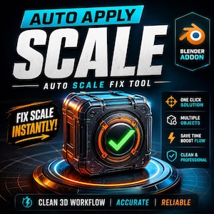 Könnte beinhalten: Digitales Grafikdesign für ein Blender-Add-on. Das Bild zeigt einen metallischen Würfel mit einem grünen Häkchen, mit dem Text "AUTO APPLY SCALE" und "AUTO SCALE FIX TOOL". Zusätzlicher Text hebt Funktionen wie "ONE CLICK SOLUTION" hervor.