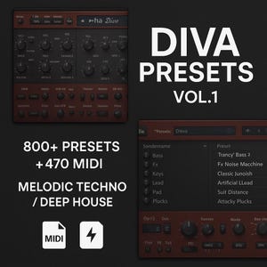 Puede incluir: Interfaz de música digital con el texto "DIVA PRESETS VOL.1" y "800+ PRESETS + 470 MIDI MELODIC TECHNO / DEEP HOUSE". La interfaz tiene múltiples perillas y botones, con una combinación de colores marrón oscuro y negro.