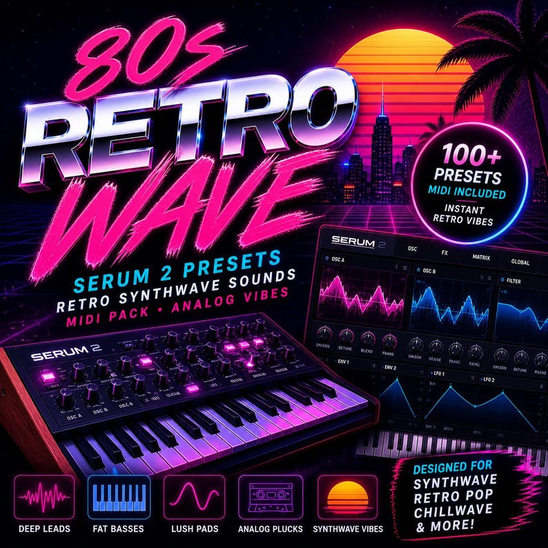 Op de afbeelding: Een advertentie voor een digitaal product met een retro jaren 80 thema. De afbeelding toont een synthesizer, Serum 2 software-interface en tekst die luidt "80s Retro Wave" en "Serum 2 Presets". Het kleurenpalet omvat roze, paars en oranje.