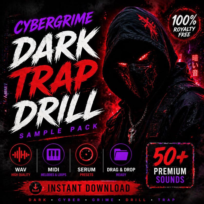 K&ouml;nnte beinhalten: Werbegrafik f&uuml;r ein Musik-Sample-Pack. Der Titel "CYBERGRIME DARK TRAP DRILL" ist in gro&szlig;em wei&szlig;en und roten Text gehalten. Im Hintergrund ist eine Kapuzenfigur mit leuchtend roten Augen zu sehen. Symbole f&uuml;r WAV, MIDI, Serum-Presets und Drag & Drop sind enthalten. Der Text "50+ PREMIUM SOUNDS" ist ebenfalls vorhanden.
