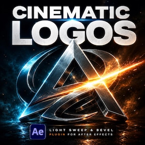 May include: A digital graphic featuring the bold white text CINEMATIC LOGOS above a metallic, triangular logo design. The center features a sharp, beveled A-shaped emblem surrounded by blue and orange light flares. Includes an Ae icon and text.