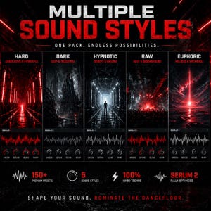 May include: A red and black graphic advertising "MULTIPLE SOUND STYLES." It features five sound styles: Hard, Dark, Hypnotic, Raw, and Euphoric, each with a visual and waveform. Text includes "150+ Premium Presets," "5 Sound Styles," and "100% Hard Techno." The tagline reads "SHAPE YOUR SOUND."