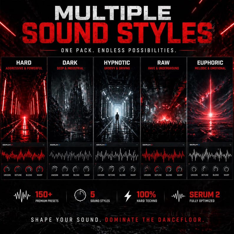 May include: A red and black graphic advertising "MULTIPLE SOUND STYLES." It features five sound styles: Hard, Dark, Hypnotic, Raw, and Euphoric, each with a visual and waveform. Text includes "150+ Premium Presets," "5 Sound Styles," and "100% Hard Techno." The tagline reads "SHAPE YOUR SOUND."