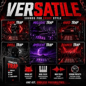 Puede incluir: Un gr&aacute;fico promocional con la palabra "VERSATILE" en letras rojas grandes. Muestra seis estilos diferentes de m&uacute;sica trap: Dark, Melodic, Hard, Drill, Ambient y Bounce. Debajo hay iconos para un kit de bater&iacute;a, archivos MIDI, archivos WAV y presets de suero.