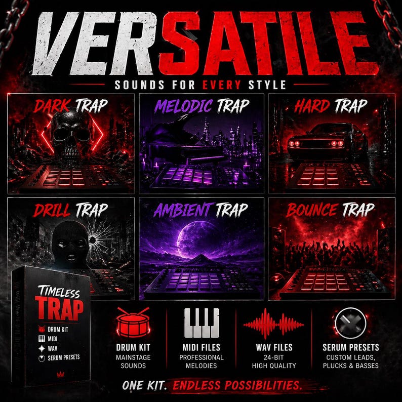 Puede incluir: Un gr&aacute;fico promocional con la palabra "VERSATILE" en letras rojas grandes. Muestra seis estilos diferentes de m&uacute;sica trap: Dark, Melodic, Hard, Drill, Ambient y Bounce. Debajo hay iconos para un kit de bater&iacute;a, archivos MIDI, archivos WAV y presets de suero.