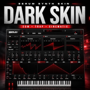 以下が含まれることがあります： 「DARK SKIN」の文字と「EDM、TRAP、CINEMATIC」の文字が入ったデジタルオーディオワークステーションのインターフェース。インターフェースは黒と赤の配色で、さまざまなコントロールと下部にキーボードがあります。