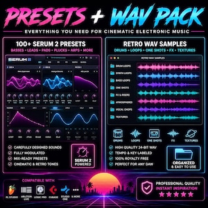 May include: A digital product advertisement titled PRESETS + WAV PACK featuring a Serum 2 synthesizer interface with pink and blue waveforms, a list of retro WAV samples, and icons for drum, loop, one shot, FX, and texture categories on a dark background.