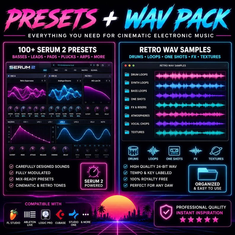 May include: A digital product advertisement titled PRESETS + WAV PACK featuring a Serum 2 synthesizer interface with pink and blue waveforms, a list of retro WAV samples, and icons for drum, loop, one shot, FX, and texture categories on a dark background.