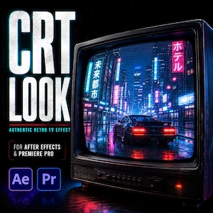 Pode incluir: Um televisor vintage preto exibindo uma rua urbana iluminada por neon com um carro esportivo. A tela mostra linhas de varredura e tons vibrantes de azul e rosa. O texto à esquerda diz CRT LOOK AUTHENTIC RETRO TV EFFECT FOR AFTER EFFECTS & PREMIERE PRO.