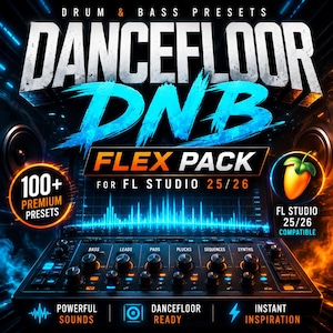 May include: A digital audio software preset pack titled DANCEFLOOR DNB FLEX PACK FOR FL STUDIO 25/26. The graphic features a black hardware synthesizer interface with knobs, a blue audio waveform display, and text indicating 100+ premium presets.
