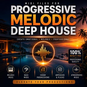 以下が含まれることがあります： MIDI FILES FOR PROGRESSIVE MELODIC DEEP HOUSEというタイトルのデジタル製品カバー。プールとヴィラに沈む夕日、中央の音波アイコン、Melodic Midis、Bass Midis、Chord Progressions、Arpeggios & Plucks、Atmospheric Midisのテキストラベルが特徴です。