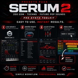 K&ouml;nnte beinhalten: Werbung f&uuml;r Serum 2, ein professionelles Synth-Toolkit. Die Grafik zeigt den Produktnamen in gro&szlig;en wei&szlig;en Buchstaben mit dem Slogan "200 EDM &bull; TECHNO &bull; FUTURE POP SOUNDS". Es enth&auml;lt eine Schritt-f&uuml;r-Schritt-Anleitung und Screenshots der Benutzeroberfl&auml;che.