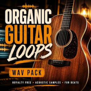 Op de afbeelding: Een close-up van een bruine akoestische gitaar. De afbeelding toont de tekst "ORGANIC GUITAR LOOPS" in oranje, met "WAV PACK" eronder. De donkere achtergrond accentueert de details van de gitaar.