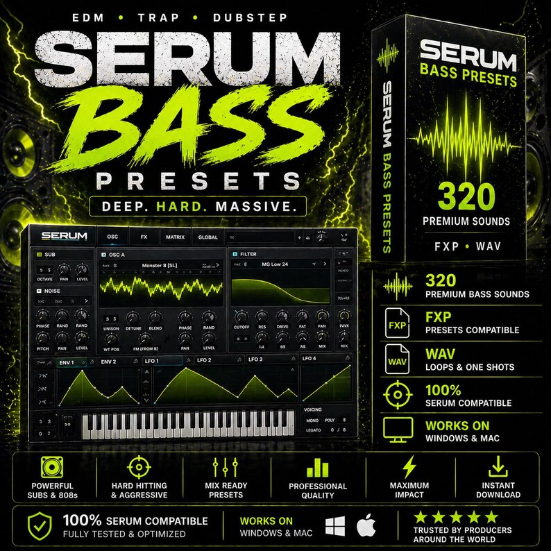 May include: A promotional image for Serum Bass Presets. The image features a digital audio workstation interface with a keyboard, along with a box showcasing 320 premium sounds. Text includes "EDM, Trap, Dubstep" and "Deep, Hard, Massive."