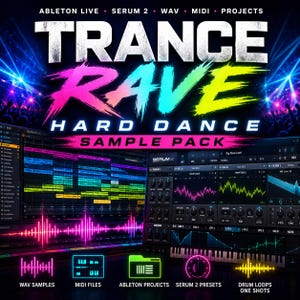 May include: A digital music production sample pack titled TRANCE RAVE HARD DANCE. The graphic features neon text, a digital audio workstation interface with colorful waveforms, and a Serum 2 synthesizer plugin window with icons for WAV, MIDI, and projects.