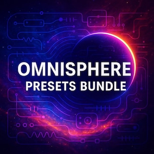以下が含まれることがあります： 暗い青と紫の背景に、光るオレンジと紫の球体を描いたデジタルグラフィック。 「OMNISPHERE PRESETS BUNDLE」というテキストが白で表示され、回路のような線で囲まれています。