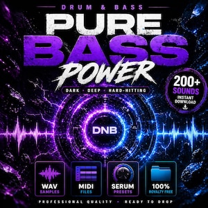 May include: A digital graphic for drum and bass music. The design features the words "PURE BASS POWER" in white and purple, with additional text indicating "DARK, DEEP, HARD-HITTING." Includes icons for WAV samples, MIDI files, Serum presets, and royalty-free content.