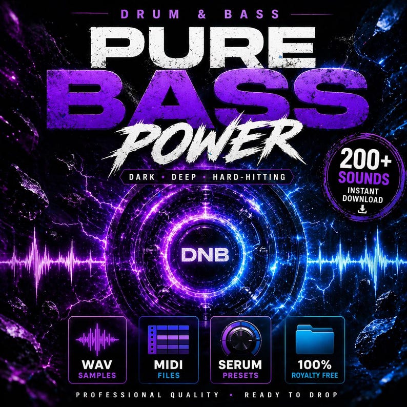 May include: A digital graphic for drum and bass music. The design features the words "PURE BASS POWER" in white and purple, with additional text indicating "DARK, DEEP, HARD-HITTING." Includes icons for WAV samples, MIDI files, Serum presets, and royalty-free content.
