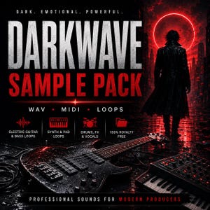 May include: A digital product cover titled DARKWAVE SAMPLE PACK with text reading DARK, EMOTIONAL, POWERFUL, WAV, MIDI, LOOPS, and PROFESSIONAL SOUNDS FOR MODERN PRODUCERS. It features a black electric guitar, a synthesizer, and a silhouetted figure.