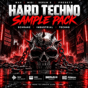 May include: A digital graphic featuring a metallic spiked skull surrounded by heavy chains against a dark red industrial background. Text reads: HARD TECHNO SAMPLE PACK, WAV, MIDI, SERUM 2 PRESETS, SCHRANZ, INDUSTRIAL, TECHNO, RAVE CREATE DESTROY REPEAT, HARDER FASTER DARKER.