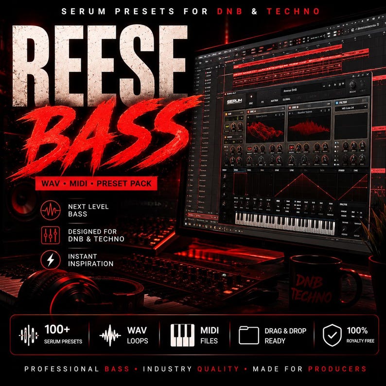 May include: A promotional image for a music production product. The image features a laptop displaying a digital audio workstation interface, with the text "REESE BASS" in large, red, stylized letters. Additional text includes "WAV MIDI PRESET PACK" and details about the product's features.