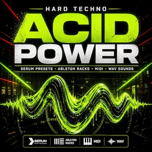 Puede incluir: Gráfico promocional para "Acid Power", un paquete de música techno. El diseño presenta las palabras "ACID POWER" en letras grandes de color verde neón. Debajo, un texto más pequeño enumera "SERUM PRESETS, ABLETON RACKS, MIDI, WAV SOUNDS". Un gráfico de forma de onda verde abarca la imagen.