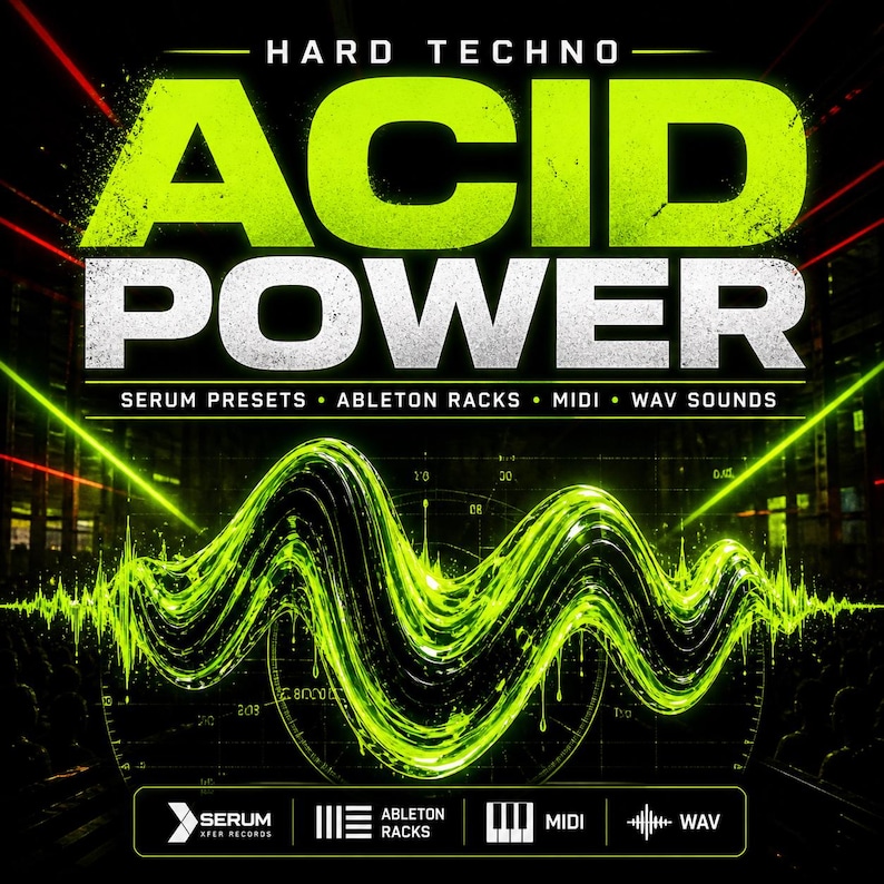 Neon green audio waveform on a dark grid background with black and metallic textures, large bold “Acid Power” text centered with smaller “Hard Techno” and preset details above and below, symmetrical composition with glowing lines and digital interface elements.