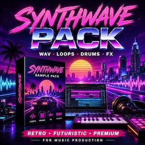 May include: A promotional image for a Synthwave music pack. The image features a box set, a laptop displaying audio editing software, a keyboard, and headphones. The text includes "SYNTHWAVE PACK", "WAV LOOPS DRUMS FX", and "RETRO FUTURISTIC PREMIUM". The background shows a cityscape.