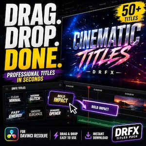 Op de afbeelding: Promotieafbeelding voor de software "Cinematic Titles". De afbeelding toont de tekst "DRAG. DROP. DONE." en "PROFESSIONAL TITLES IN SECONDS." De software is compatibel met DaVinci Resolve en biedt meer dan 50 titels. De afbeelding benadrukt ook "BOLD IMPACT" titels.