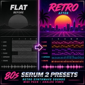 Op de afbeelding: Een gesplitste afbeelding met een 'Flat' en 'Retro' ontwerp. De 'Retro' kant toont een stadsgezicht met een zonsondergang en palmbomen. Tekst bevat '80s Serum 2 Presets' en 'Retro Synthwave Sounds'.