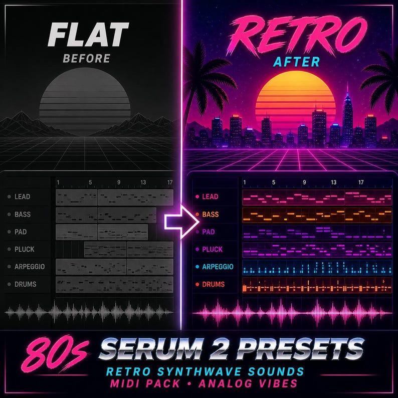 Op de afbeelding: Een gesplitste afbeelding met een 'Flat' en 'Retro' ontwerp. De 'Retro' kant toont een stadsgezicht met een zonsondergang en palmbomen. Tekst bevat '80s Serum 2 Presets' en 'Retro Synthwave Sounds'.