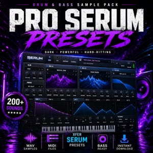 May include: A digital graphic for a drum and bass sample pack, featuring the text "PRO SERUM PRESETS" in white and purple. The image showcases a software interface with various sound controls, waveforms, and a keyboard. The graphic also includes the text "200+ SOUNDS".