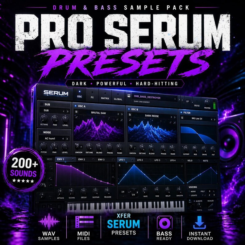 May include: A digital graphic for a drum and bass sample pack, featuring the text "PRO SERUM PRESETS" in white and purple. The image showcases a software interface with various sound controls, waveforms, and a keyboard. The graphic also includes the text "200+ SOUNDS".