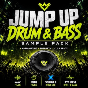 Könnte beinhalten: Eine digitale Grafik für ein Jump Up Drum & Bass Sample-Pack mit einem großen schwarzen Lautsprecher und einem gelben Kronen-Logo in der Mitte. Der Text lautet Jump Up Drum & Bass Sample Pack, Hard-Hitting, Energetic, Club Ready, Wav, Midi, Serum 2.
