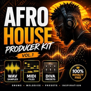 May include: An advertisement for an Afro House Producer Kit Vol. 1. The image shows a man wearing headphones, with the text "AFRO HOUSE PRODUCER KIT VOL. 1". Icons for WAV samples, MIDI files, and Diva presets are displayed. The image is labelled as 100% royalty-free.
