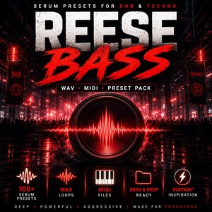 May include: A digital graphic for Serum presets for DNB and Techno music. The title "REESE BASS" is in large, red, stylized text. The image includes the text "WAV MIDI PRESET PACK" and icons for loops, MIDI files, and drag-and-drop functionality.