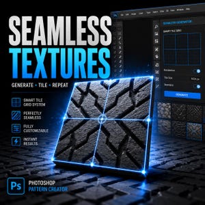 May include: A digital graphic promoting Photoshop's Pattern Creator. The image features a dark gray, textured square tile with a grid overlay, surrounded by glowing blue lines. Text reads "SEAMLESS TEXTURES" and highlights features like "SMART TILE GRID SYSTEM."