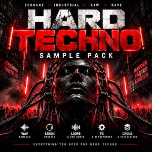 May include: A digital graphic for a Hard Techno sample pack featuring a dark, metallic figure with cables connected to its head. The text reads: SCHRANZ INDUSTRIAL RAW RAVE HARD TECHNO SAMPLE PACK TECHNO UNITE US HARDER FASTER LOUDER WAV SERUM LOOPS FX DRUMS.