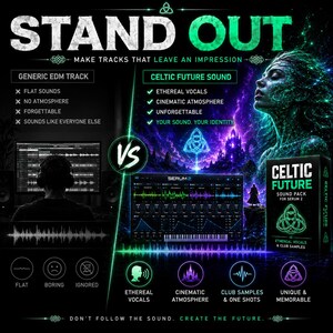 May include: A digital advertisement for a Celtic Future sound pack for Serum 2. The graphic compares a generic EDM track to the Celtic Future sound, featuring text, a music production interface, a fantasy-themed illustration, and icons.
