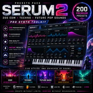 K&ouml;nnte beinhalten: Werbebild f&uuml;r Serum 2, ein professionelles Synth-Toolkit. Die Grafik zeigt eine digitale Audio-Workstation-Oberfl&auml;che mit Tastatur, Wellenformen und Bedienelementen. Es werden 200 Premium-Presets in f&uuml;nf Musikstilen beworben: EDM, Techno, Future Bass, Pop und Chill.