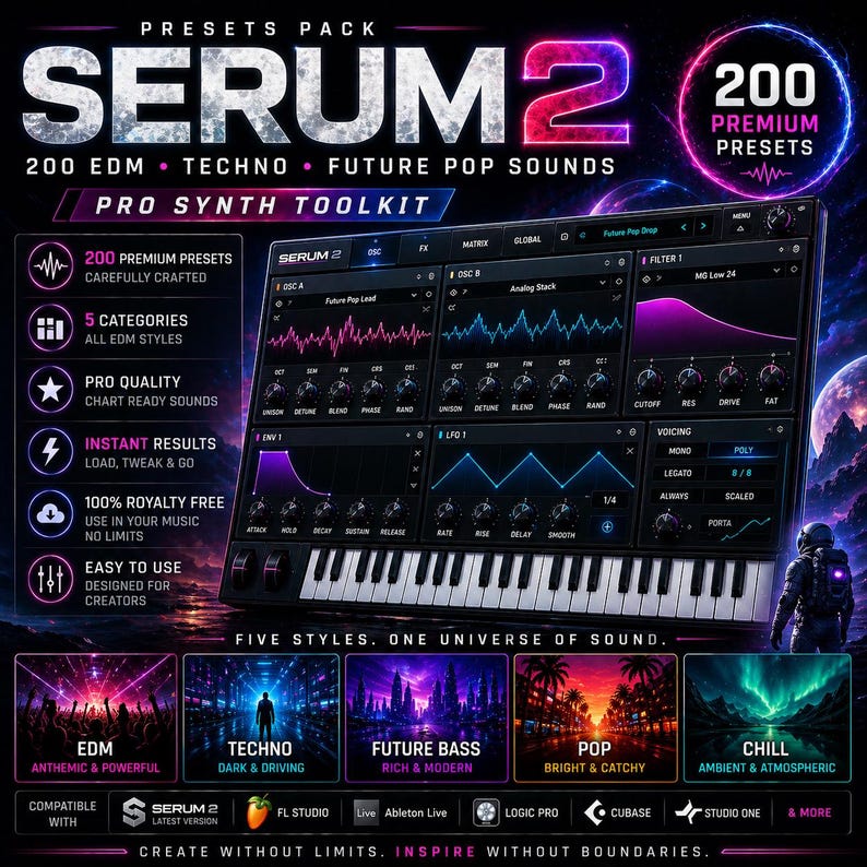 K&ouml;nnte beinhalten: Werbebild f&uuml;r Serum 2, ein professionelles Synth-Toolkit. Die Grafik zeigt eine digitale Audio-Workstation-Oberfl&auml;che mit Tastatur, Wellenformen und Bedienelementen. Es werden 200 Premium-Presets in f&uuml;nf Musikstilen beworben: EDM, Techno, Future Bass, Pop und Chill.