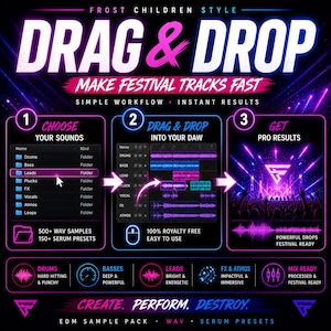 May include: A promotional graphic for an EDM sample pack. The design features the text "DRAG & DROP" in large, stylized letters, with instructions on how to create festival tracks. The graphic includes a step-by-step guide with icons and text, and the text "CREATE. PERFORM. DESTROY."