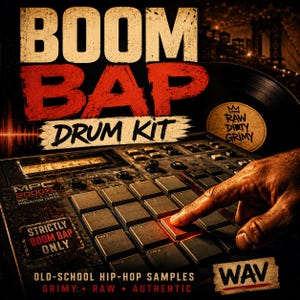Könnte beinhalten: Werbebild für ein Drum-Kit mit dem Text "BOOM BAP DRUM KIT" in fetten Buchstaben. Das Bild zeigt einen Vintage-Drumcomputer, eine Schallplatte und die Worte "OLD-SCHOOL HIP-HOP SAMPLES". Das Bild hat eine raue, urbane Ästhetik.