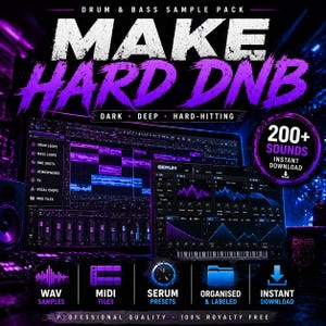 May include: A promotional image for a drum and bass sample pack. The text "MAKE HARD DNB" is prominently displayed in white and purple. The image includes screenshots of music production software, with icons for WAV samples, MIDI files, Serum presets, and instant download.